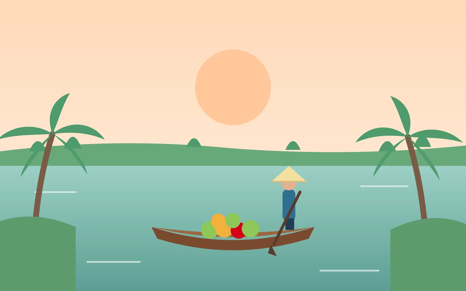 Minh hoạ thuyền trên sông miền Tây với hàng dừa và người đội nón lá